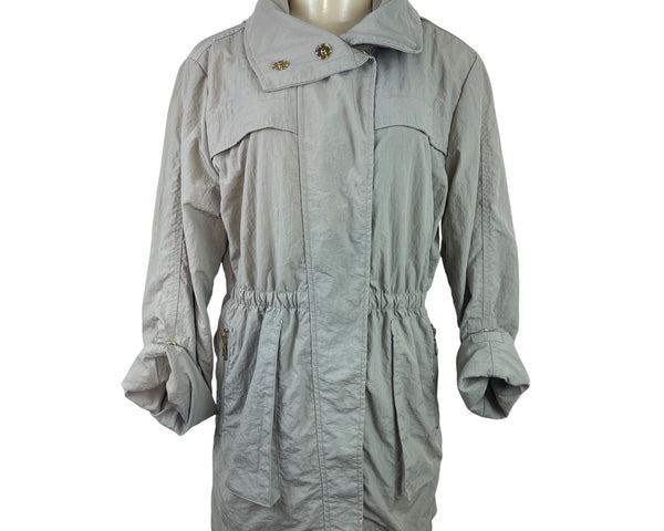 G.E.T Gray Women’s Parka Coat With Gold Zipper High Neck Adjustable Waist Sz M