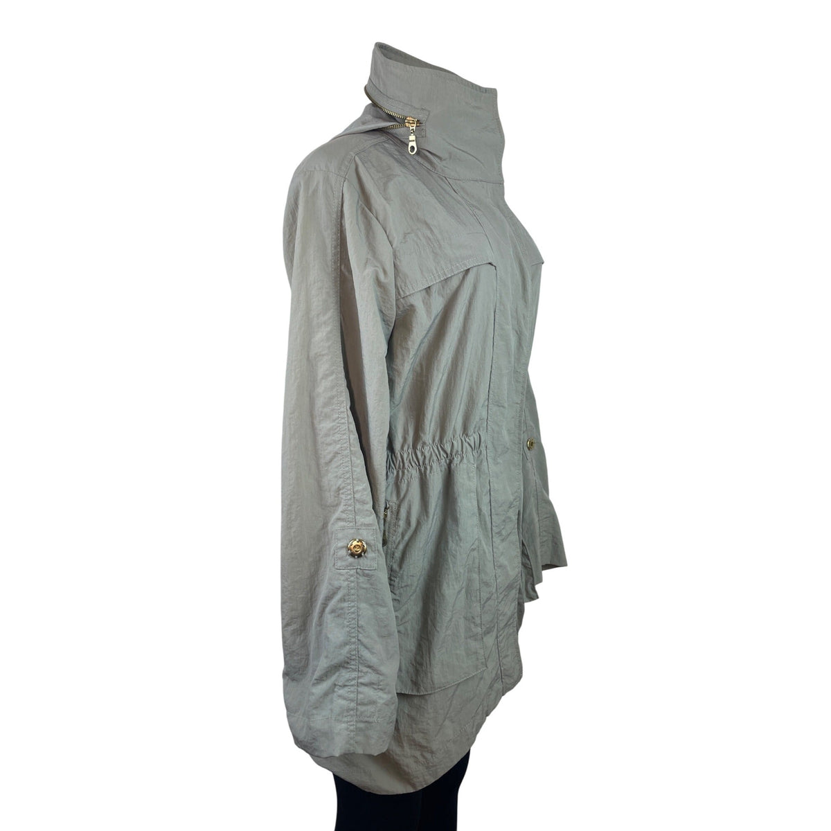 G.E.T Gray Women’s Parka Coat With Gold Zipper High Neck Adjustable Waist Sz M