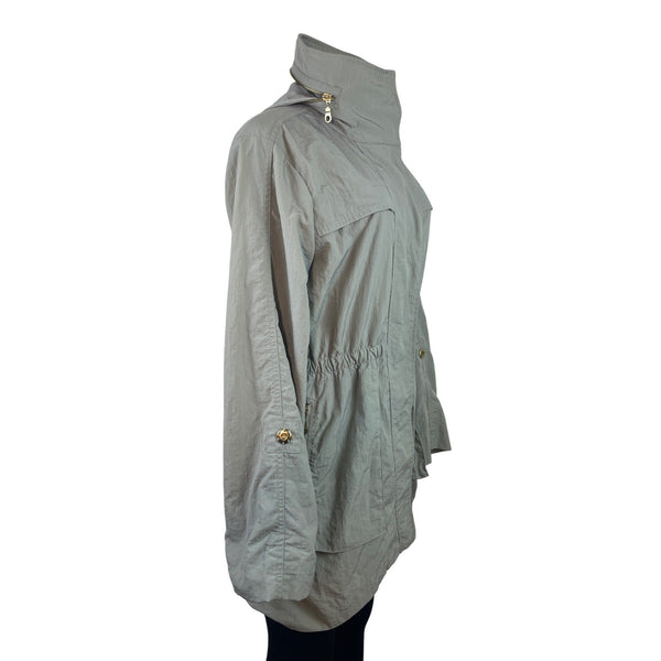 G.E.T Gray Women’s Parka Coat With Gold Zipper High Neck Adjustable Waist Sz M