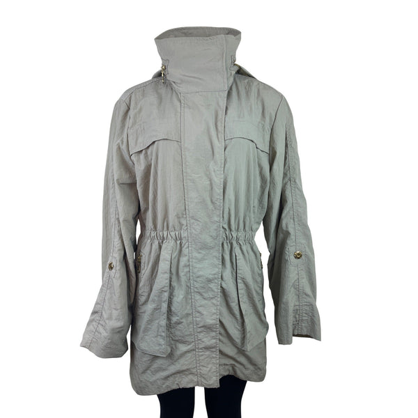 G.E.T Gray Women’s Parka Coat With Gold Zipper High Neck Adjustable Waist Sz M