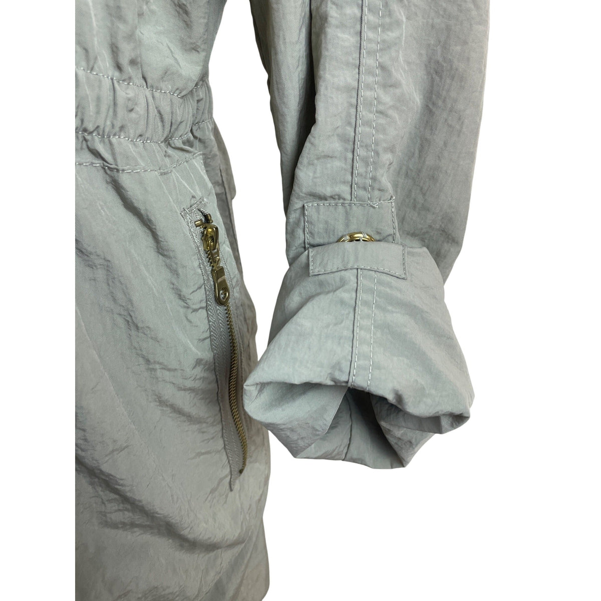 G.E.T Gray Women’s Parka Coat With Gold Zipper High Neck Adjustable Waist Sz M