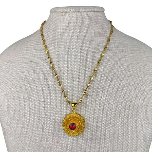 JH Womens Red & Gold Tone Jewelry Set Earrings Necklace Ring Rhinestone