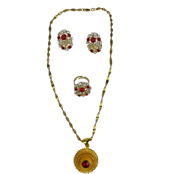 JH Womens Red & Gold Tone Jewelry Set Earrings Necklace Ring Rhinestone