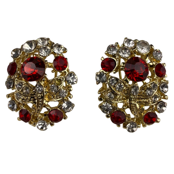 JH Womens Red & Gold Tone Jewelry Set Earrings Necklace Ring Rhinestone