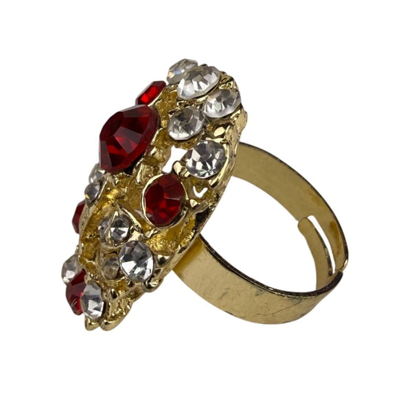 JH Womens Red & Gold Tone Jewelry Set Earrings Necklace Ring Rhinestone