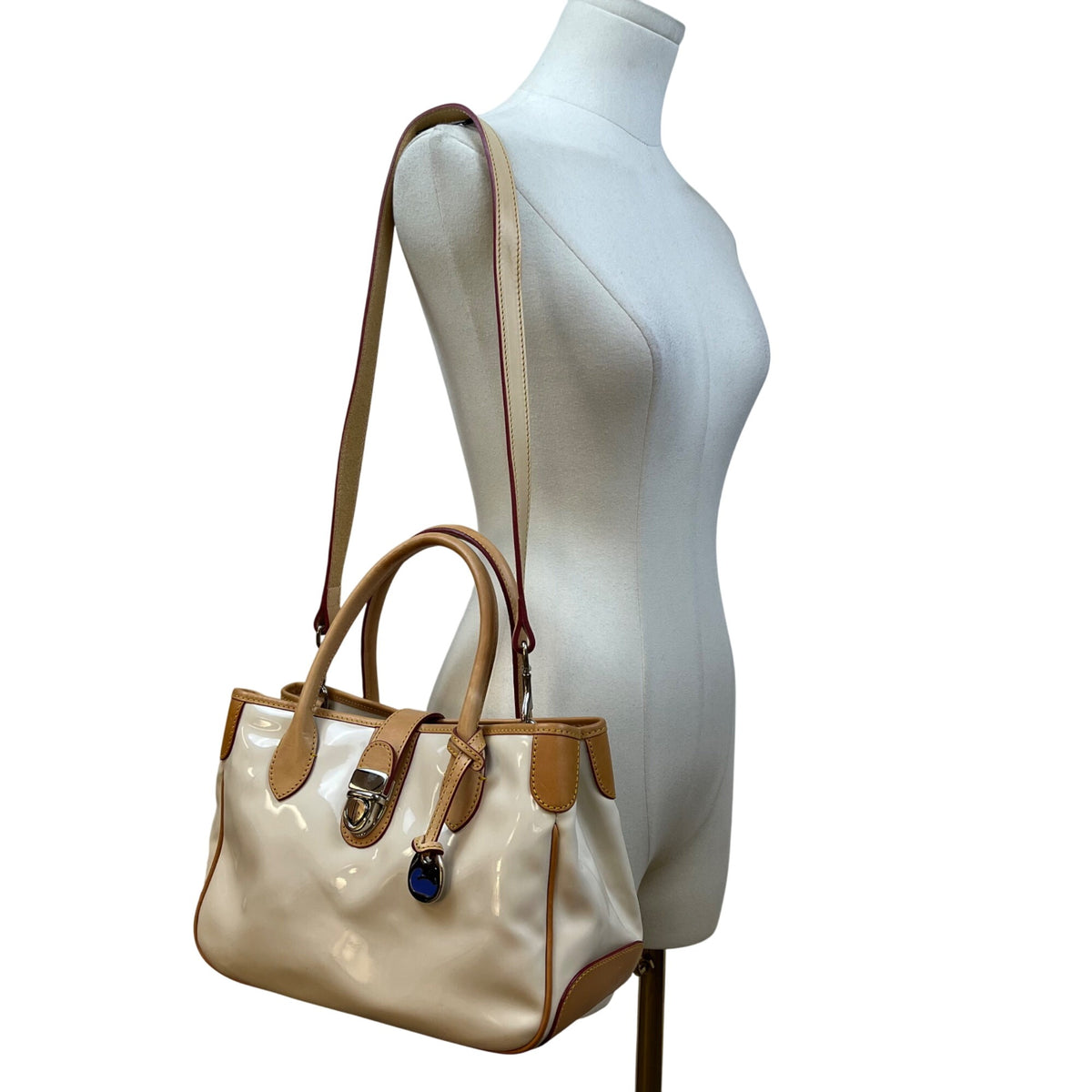 Dooney & Bourke Women’s White & Tan Patent Leather With Charm Satchel Handbag