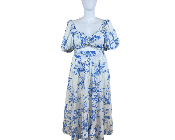 Amica Maxi Dress Blue White Floral Print Puff Sleeves Womens Casual Sz 18