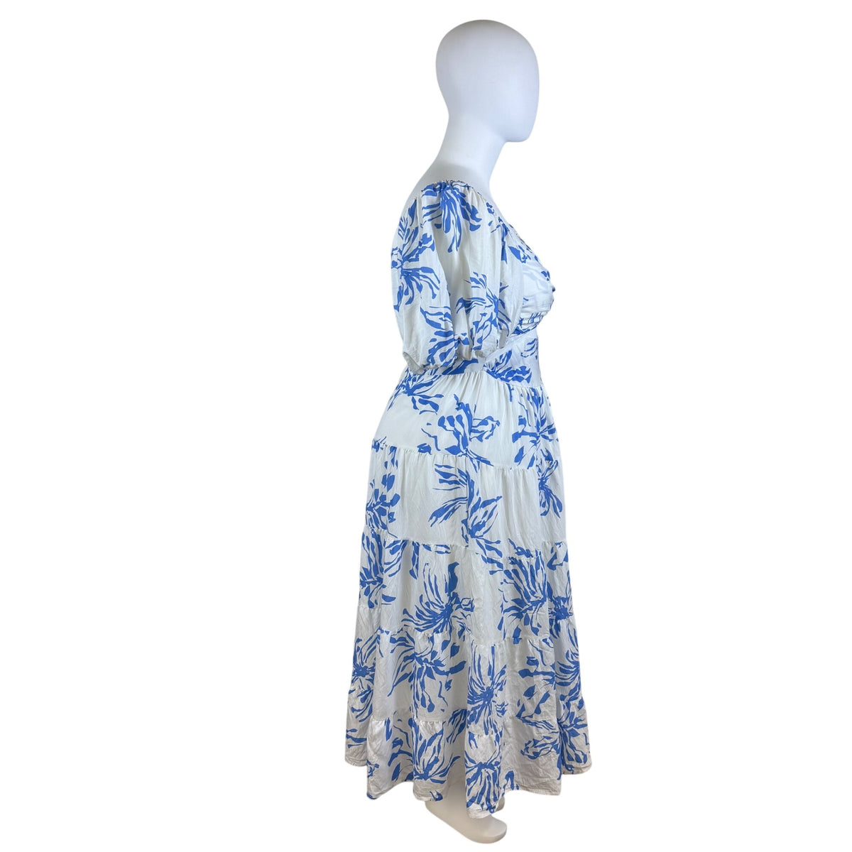 Amica Maxi Dress Blue White Floral Print Puff Sleeves Womens Casual Sz 18