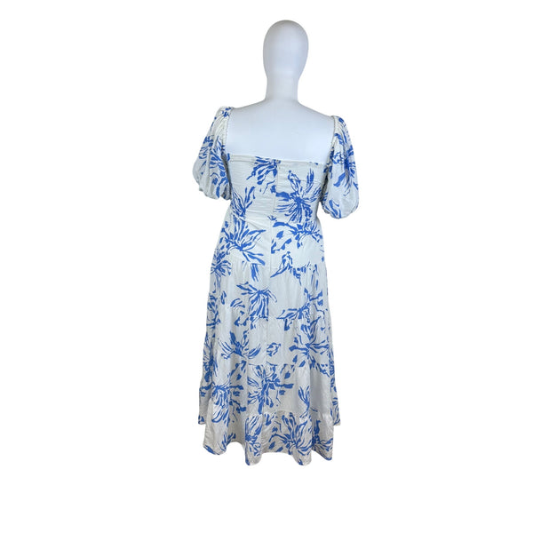 Amica Maxi Dress Blue White Floral Print Puff Sleeves Womens Casual Sz 18