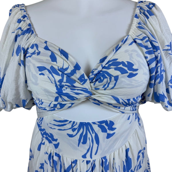 Amica Maxi Dress Blue White Floral Print Puff Sleeves Womens Casual Sz 18