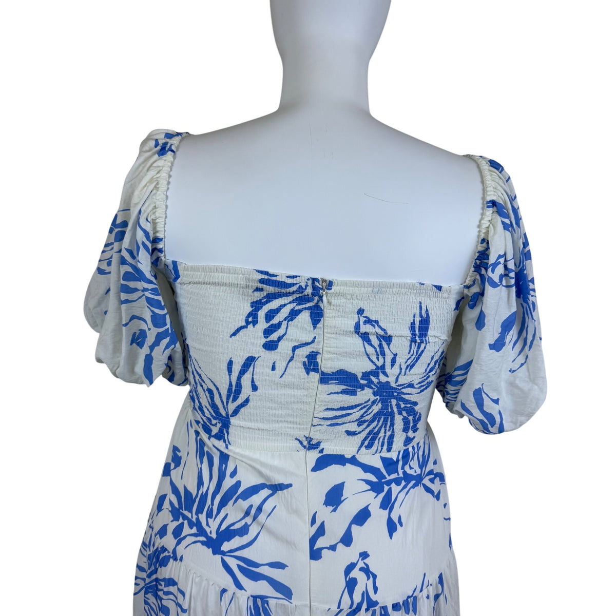 Amica Maxi Dress Blue White Floral Print Puff Sleeves Womens Casual Sz 18