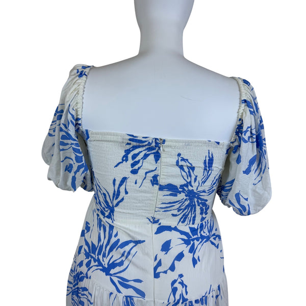 Amica Maxi Dress Blue White Floral Print Puff Sleeves Womens Casual Sz 18