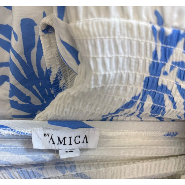 Amica Maxi Dress Blue White Floral Print Puff Sleeves Womens Casual Sz 18