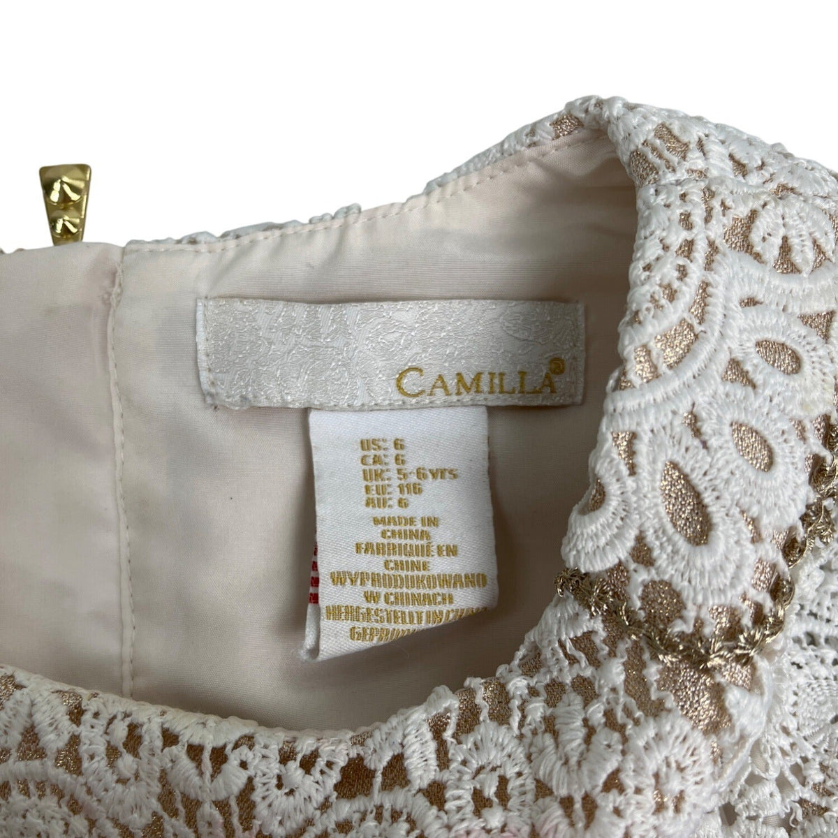 Camilla Girls' White & Gold Lace Lined Formal Dress Size 6