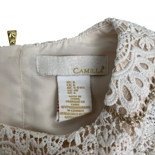 Camilla Girls' White & Gold Lace Lined Formal Dress Size 6