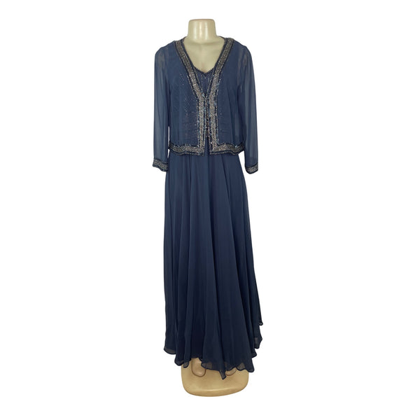 Jkara Women’s Navy Blue Beaded Sleeveless Evening Gown With Sheer Jacket Sz 12