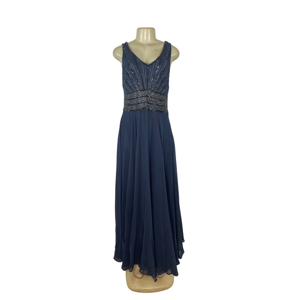 Jkara Women’s Navy Blue Beaded Sleeveless Evening Gown With Sheer Jacket Sz 12