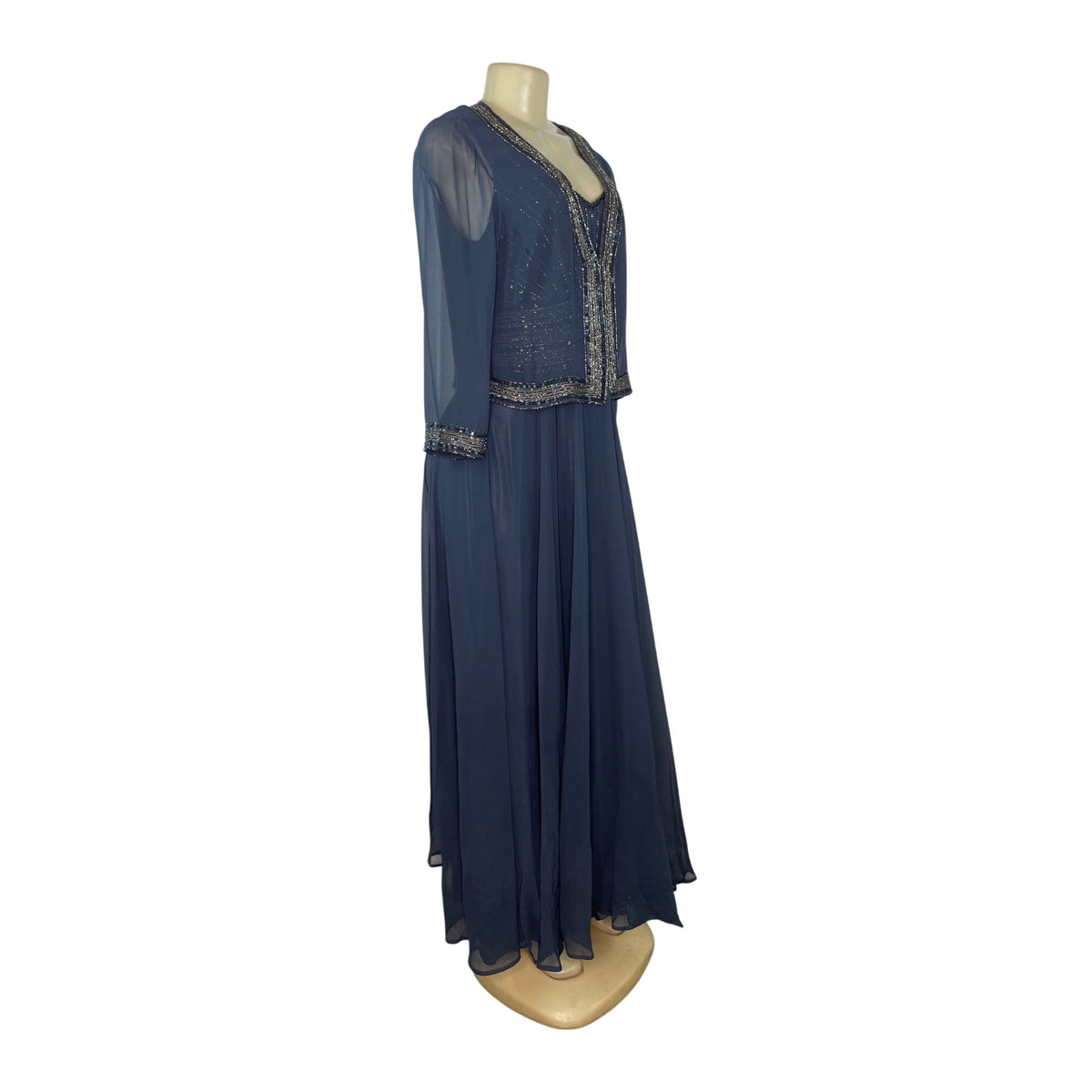 Jkara Women’s Navy Blue Beaded Sleeveless Evening Gown With Sheer Jacket Sz 12