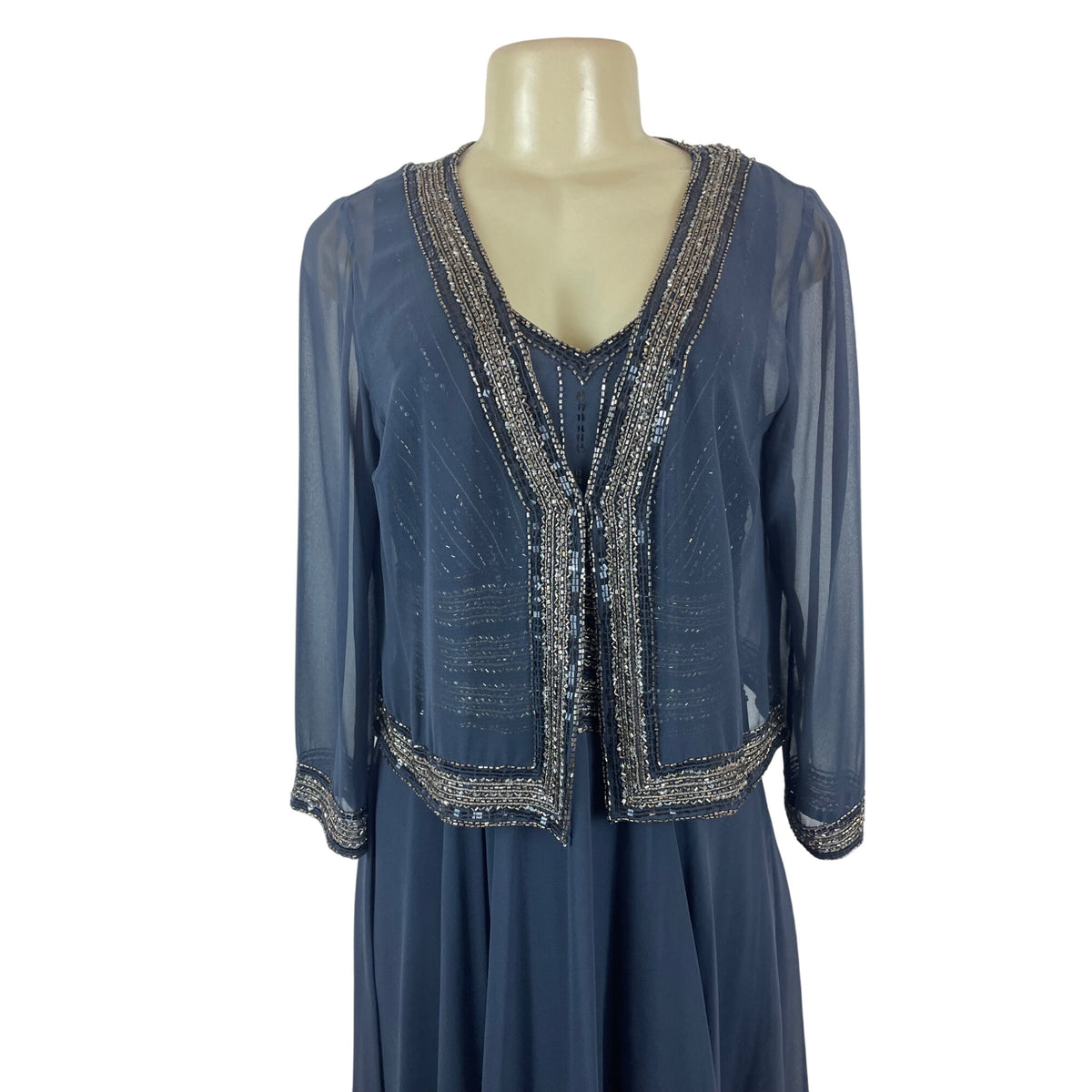 Jkara Women’s Navy Blue Beaded Sleeveless Evening Gown With Sheer Jacket Sz 12