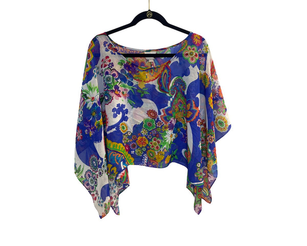 ECI New York Womens Multicolor Boho Floral Print Sheer Asymmetrical Poncho Top M