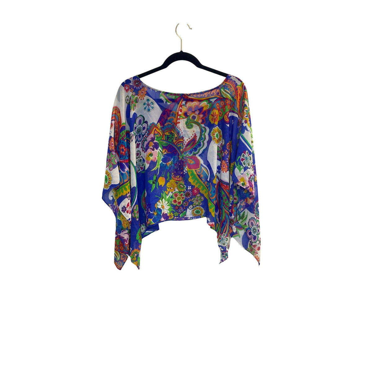 ECI New York Womens Multicolor Boho Floral Print Sheer Asymmetrical Poncho Top M
