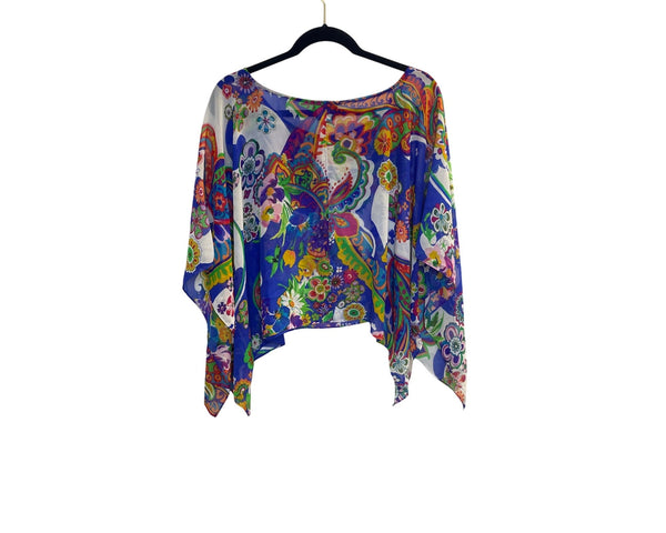ECI New York Womens Multicolor Boho Floral Print Sheer Asymmetrical Poncho Top M