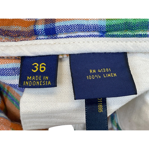 Ralph Lauren Mens Multicolor Plaid 100% Linen Shorts India Madras Style Size 36