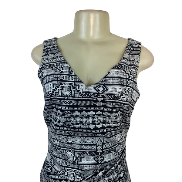 Nicole Miller Artelier Black & White Tribal Print Sleeveless Sheath Dress Sz 10