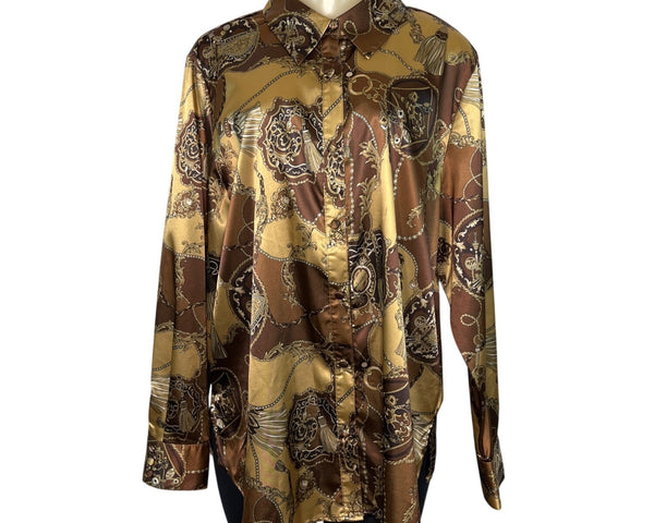 Dennis Basso Chain Print Satin Button-Up Shirt Brown/Gold Size L