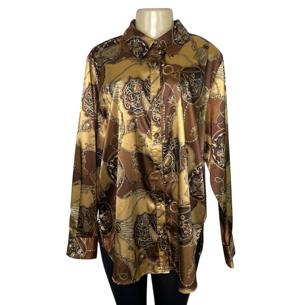 Dennis Basso Chain Print Satin Button-Up Shirt Brown/Gold Size L