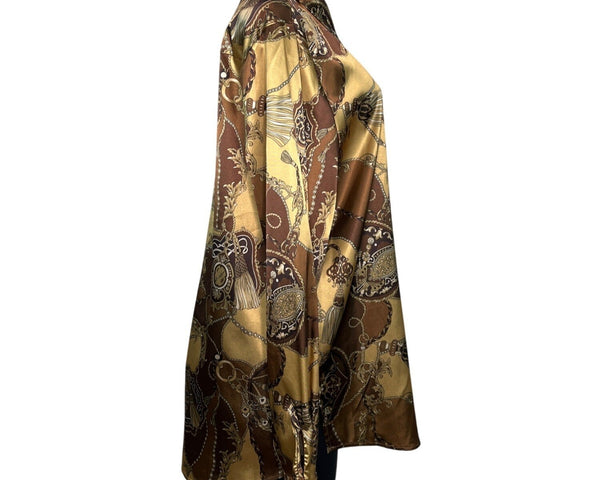 Dennis Basso Chain Print Satin Button-Up Shirt Brown/Gold Size L