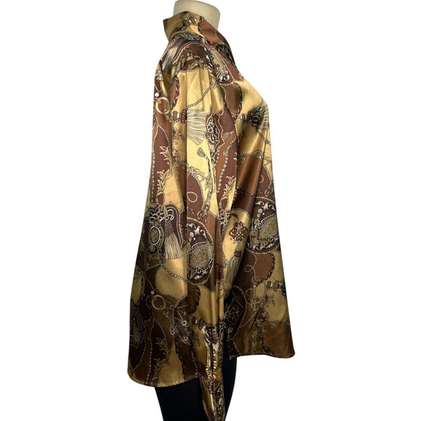 Dennis Basso Chain Print Satin Button-Up Shirt Brown/Gold Size L