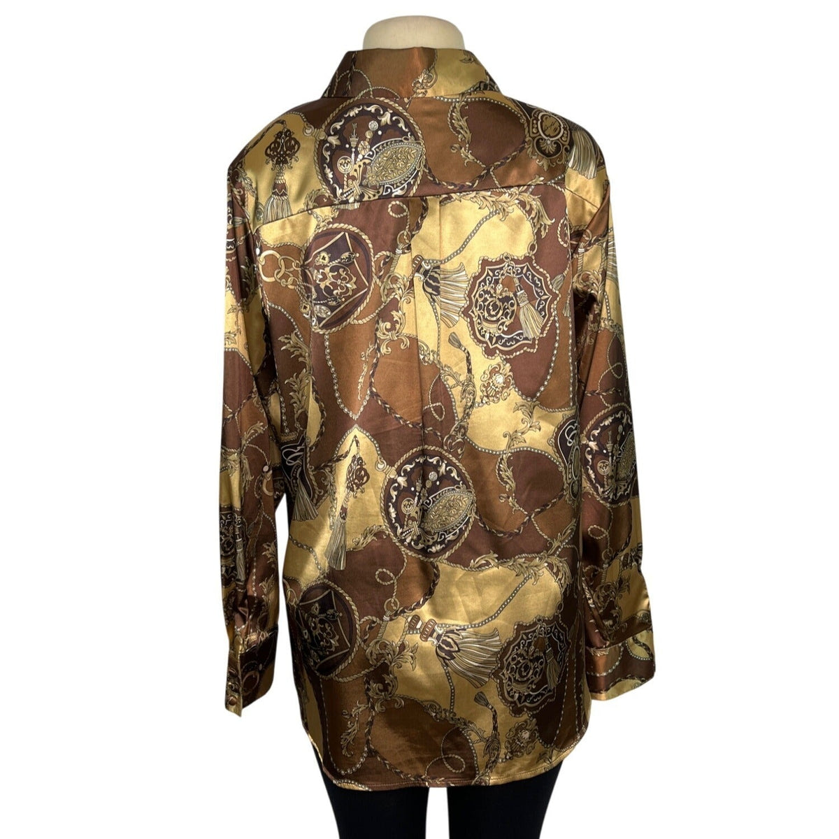 Dennis Basso Chain Print Satin Button-Up Shirt Brown/Gold Size L