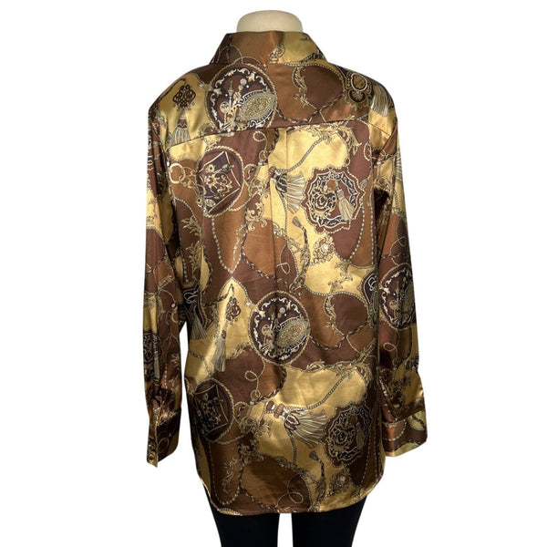 Dennis Basso Chain Print Satin Button-Up Shirt Brown/Gold Size L