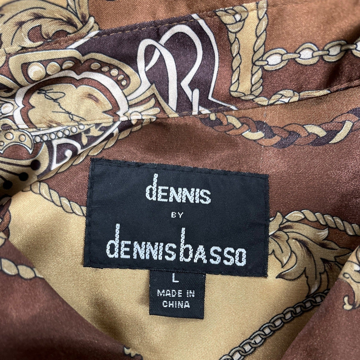 Dennis Basso Chain Print Satin Button-Up Shirt Brown/Gold Size L