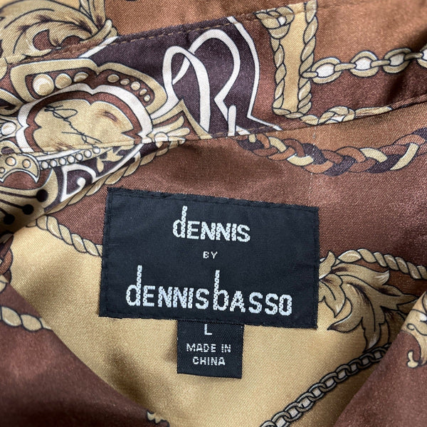 Dennis Basso Chain Print Satin Button-Up Shirt Brown/Gold Size L