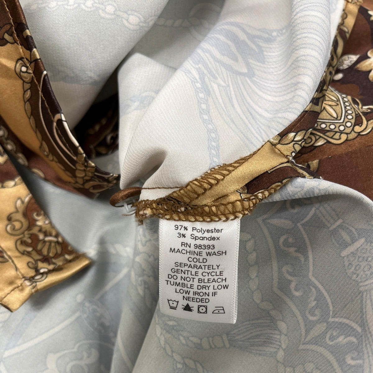 Dennis Basso Chain Print Satin Button-Up Shirt Brown/Gold Size L