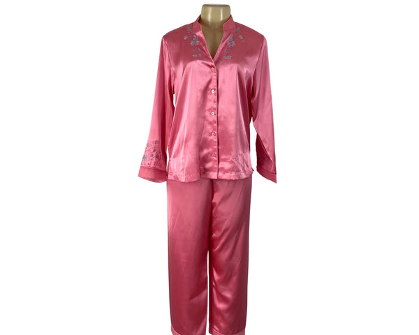 Morgan Taylor Luxurious Pink Satin Floral Embroidered Pajama Set Sz L - New