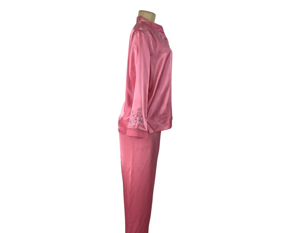 Morgan Taylor Luxurious Pink Satin Floral Embroidered Pajama Set Sz L - New