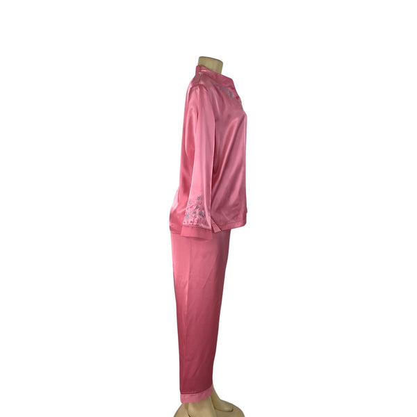 Morgan Taylor Luxurious Pink Satin Floral Embroidered Pajama Set Sz L - New