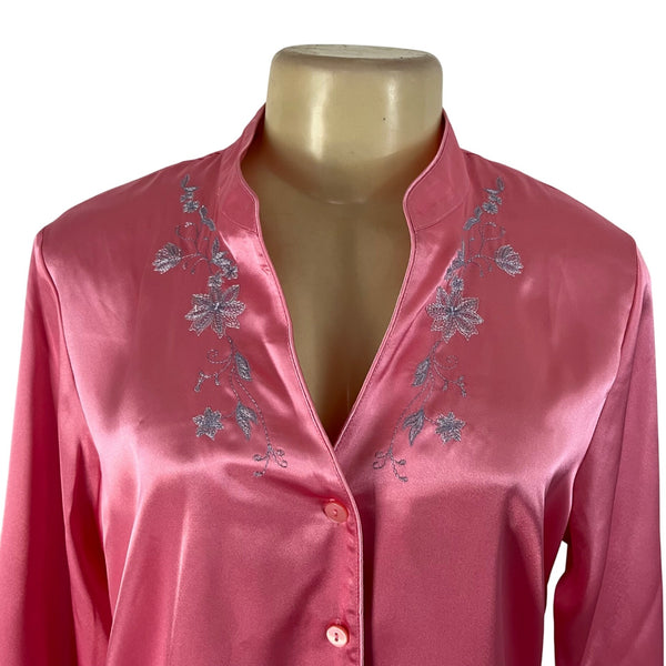 Morgan Taylor Luxurious Pink Satin Floral Embroidered Pajama Set Sz L - New