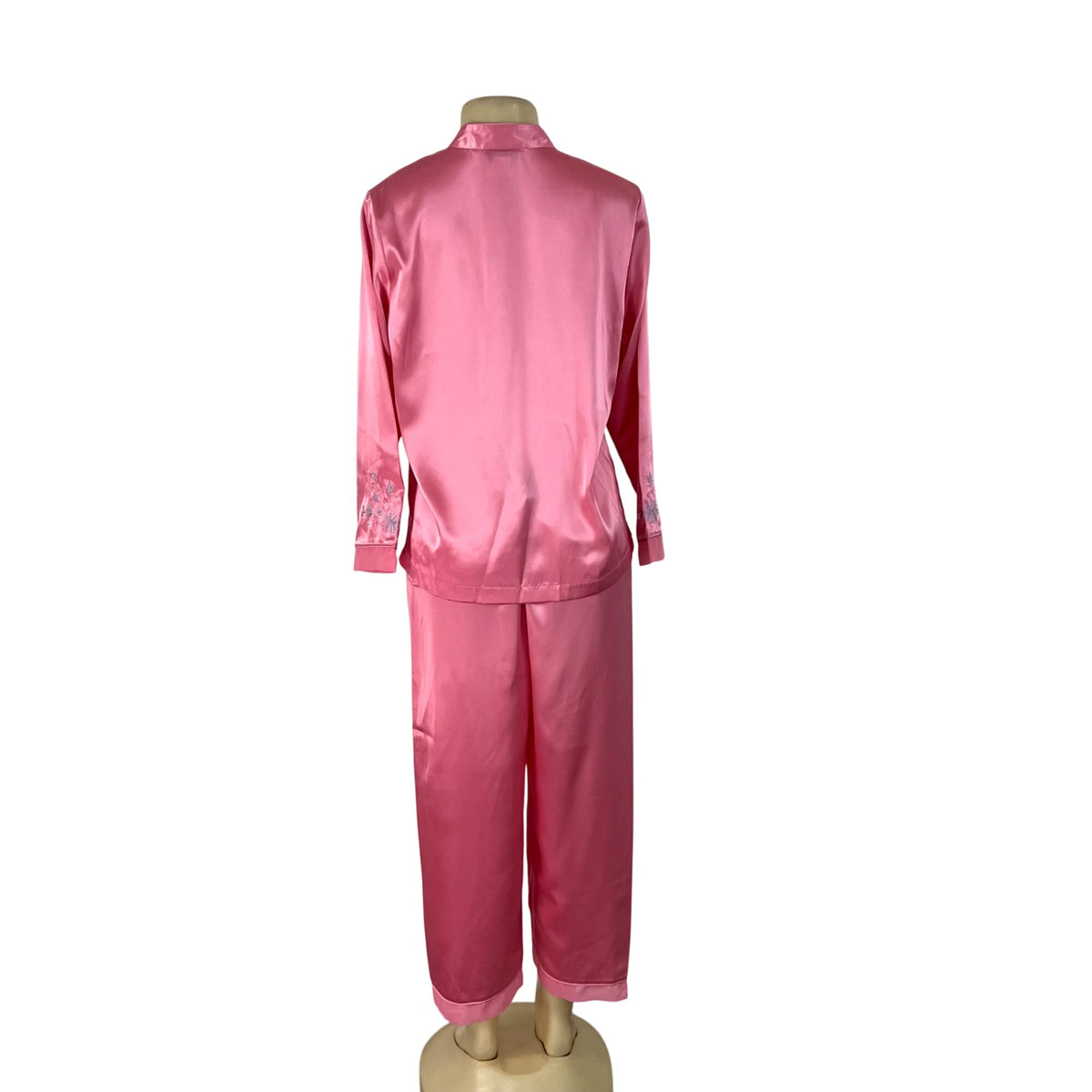 Morgan Taylor Luxurious Pink Satin Floral Embroidered Pajama Set Sz L - New