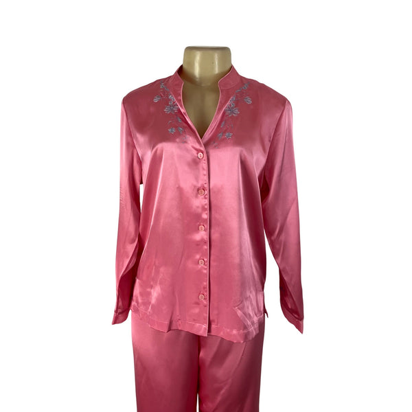 Morgan Taylor Luxurious Pink Satin Floral Embroidered Pajama Set Sz L - New