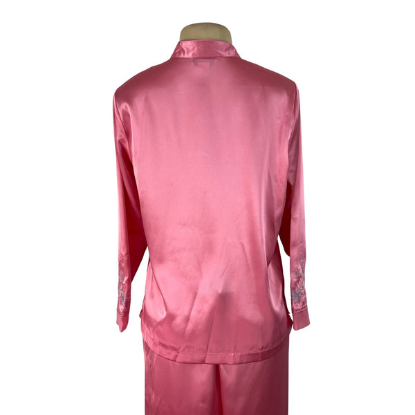 Morgan Taylor Luxurious Pink Satin Floral Embroidered Pajama Set Sz L - New