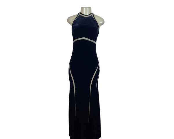 Xscape Womens Black Velvet Evening Gown Maxi Dress With Beige Trim 8 - New