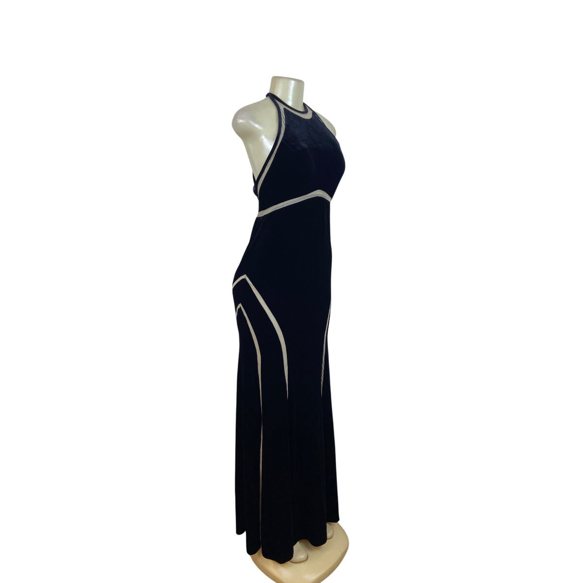 Xscape Womens Black Velvet Evening Gown Maxi Dress With Beige Trim 8 - New