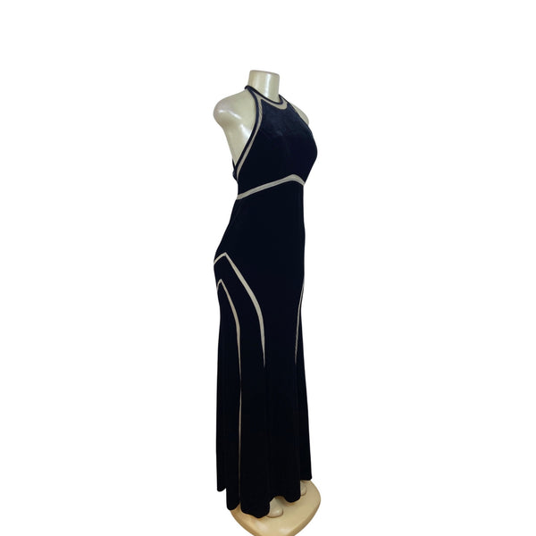 Xscape Womens Black Velvet Evening Gown Maxi Dress With Beige Trim 8 - New