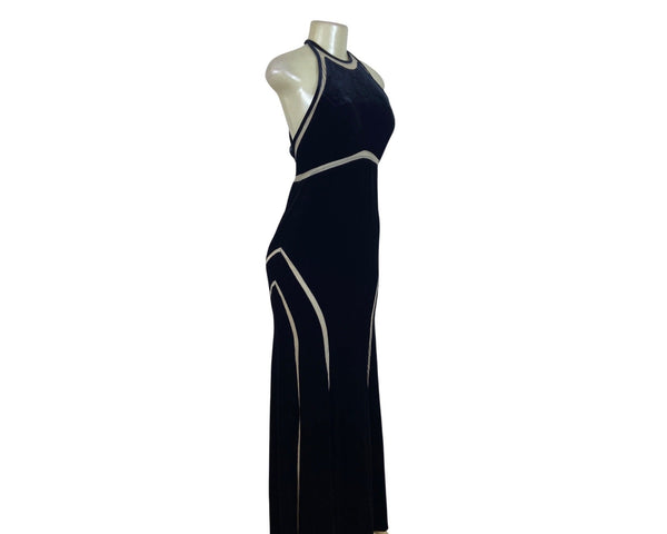 Xscape Womens Black Velvet Evening Gown Maxi Dress With Beige Trim 8 - New