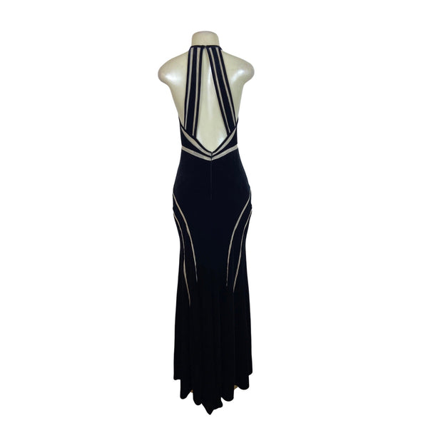 Xscape Womens Black Velvet Evening Gown Maxi Dress With Beige Trim 8 - New