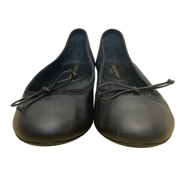 Saint Laurent Womens Black Leather With Bow Detail Ballet Flats Size 10